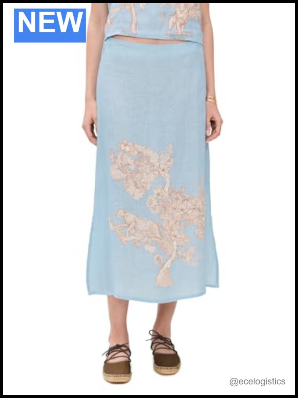 Linen Midi Skirt Side Slit Animal Botanical Print Work Wear